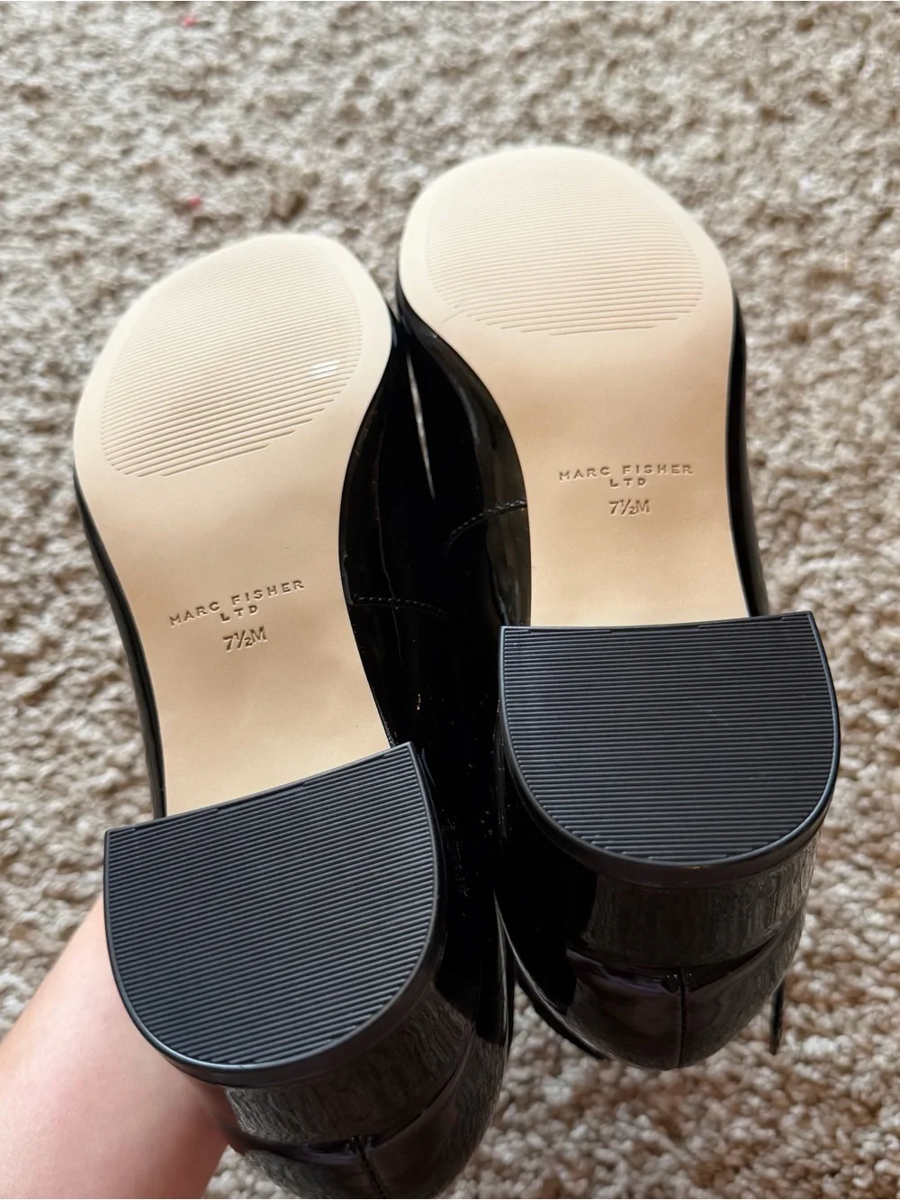 Black Patent Round Toe Ankle Strap Block Heels Marc Fisher